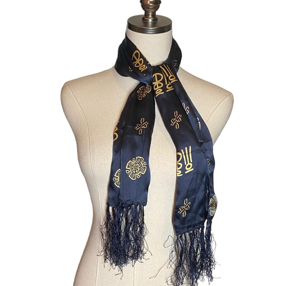 100 Silk Chinese Scarf Fringed Navy Blue Gold